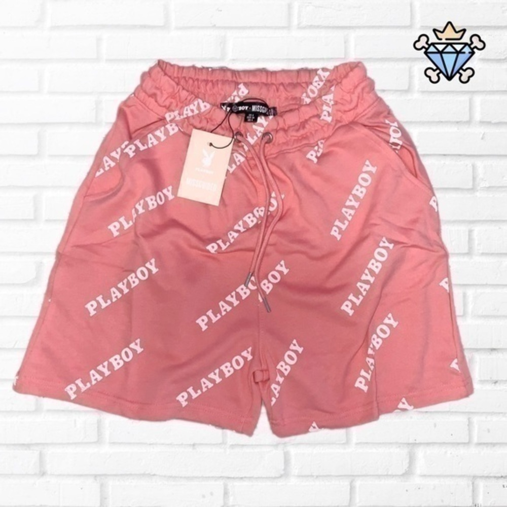 PLAYBOY X MISSGUIDED PINK REPEAT PRINT BOYFRIEND SHORTS SIZE 4 WOMENS